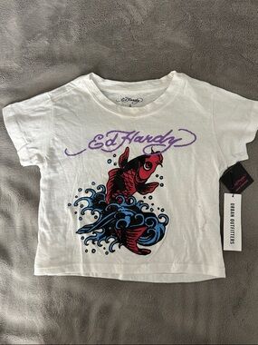 NWT Ed Hardy cropped Tee with Red Koi and Blue Waves